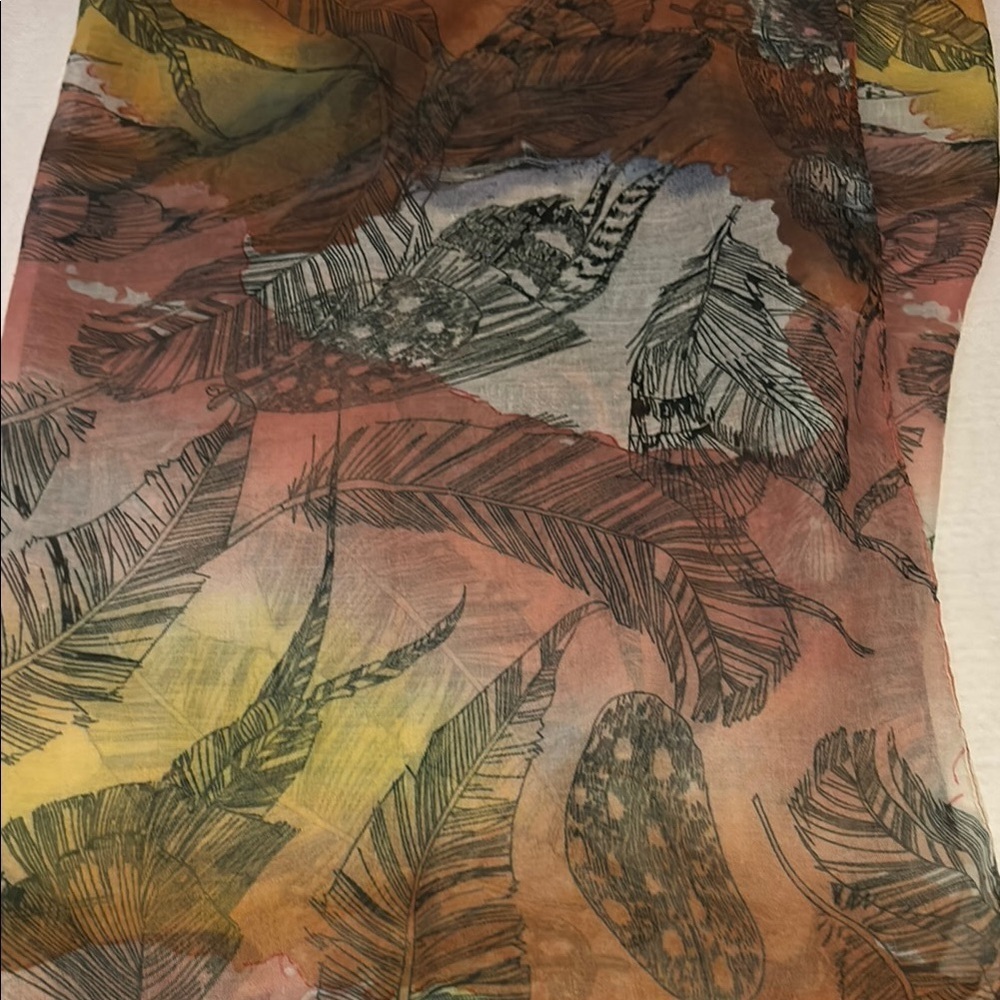 Feather Print Scarf in Multicolor Light Weight Soft Cotton No Tags